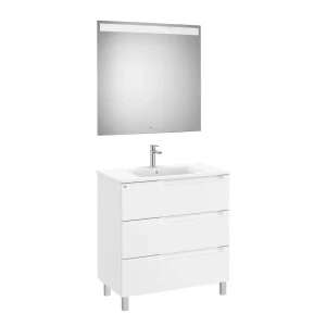 Roca - Mueble base Aleyda Pack de tres cajones con patas, lavabo asimétrico con lavabo a la derecha y espejo con luz LED